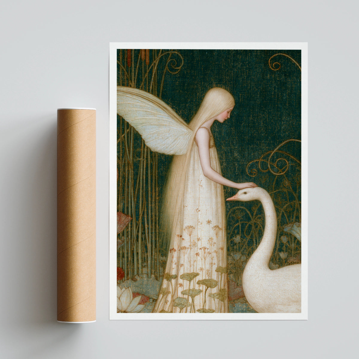 Fairy and Swan Print, Classic Folk Art Poster, Ethereal Fantasy Wall Art, Teal Gold Whimsical