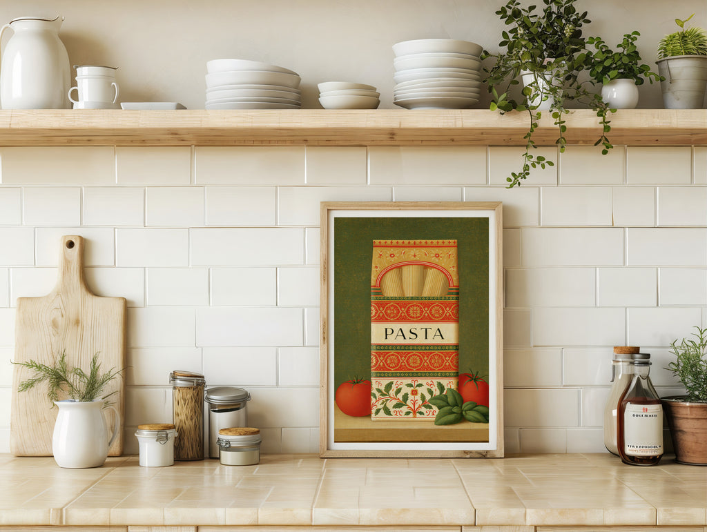 Classic Food Poster Print, Italian Pasta Rustic Kitchen Decor, Retro Mid Century Risograph Wall Art