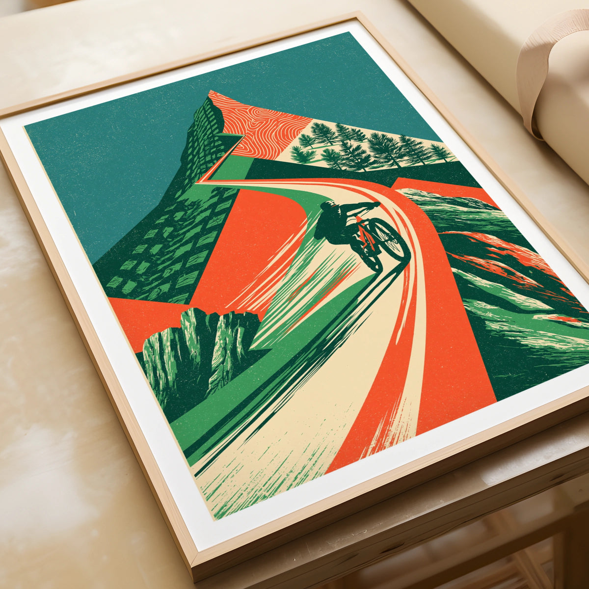 Mountain Bike Retro Poster, MTB Trail Art Print, Vintage Cycling Wall Art, Green Orange Decor