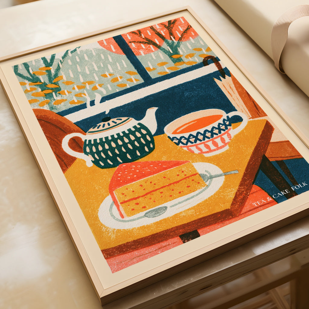 Vintage Food Poster Print, Tea and Cake Cafe Art, Rustic Kitchen Decor, Retro Mid Century Risograph