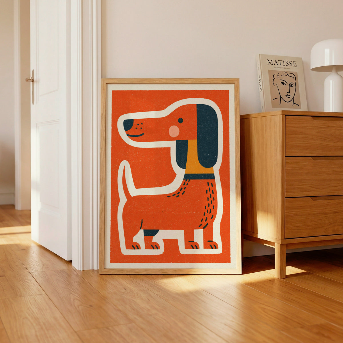 Retro Dog Print, Dachshund Wall Art, Orange Sausage Dog Illustration, Mid Century Animal Art