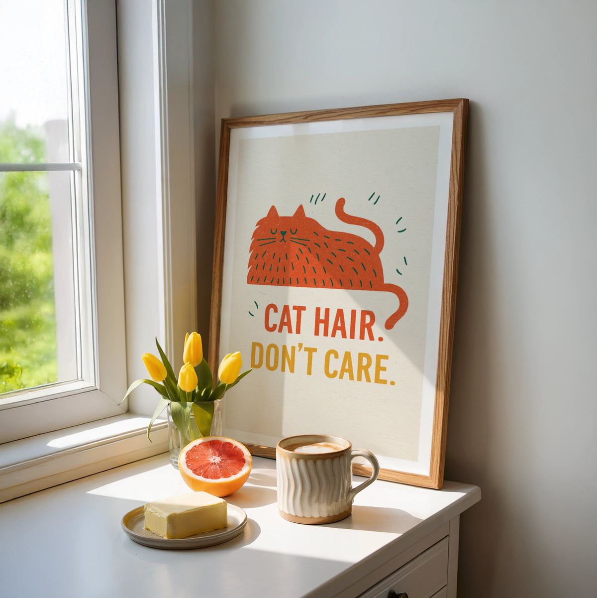 Cat Hair Don't Care Print, Funny Retro Cat Wall Art, Folk Style Ginger Cat Gift
