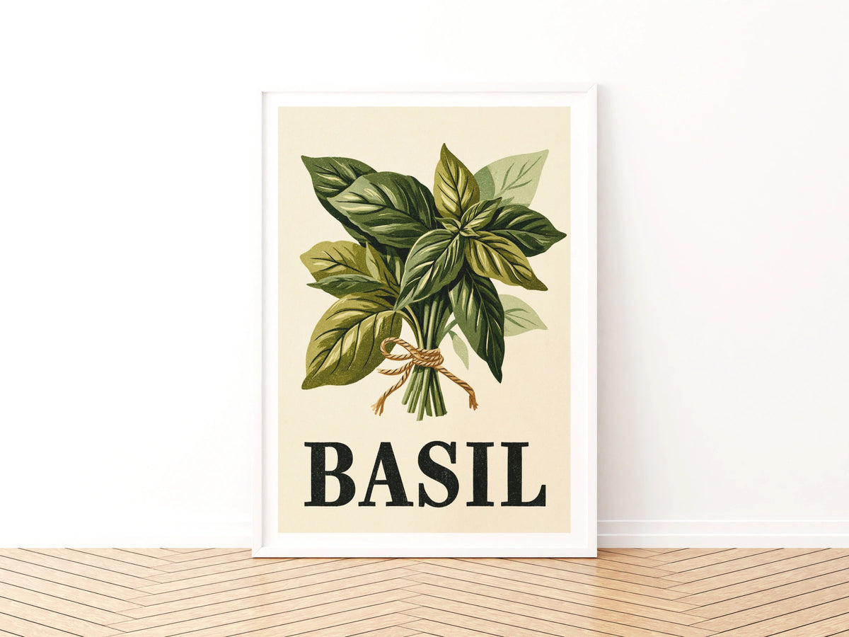 Basil Herb Vintage Food Poster Print | Rustic Kitchen Decor | Retro Mid Century Risograph Art