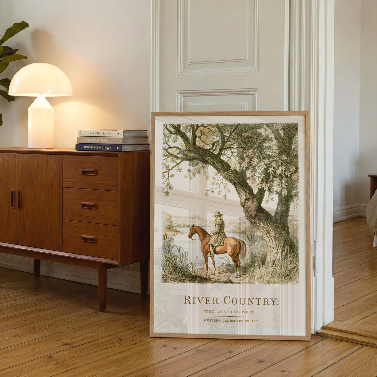 River Country Western Landscape Print, Vintage Cowboy on Horseback, Oak Tree Nature Wall Art, Poster
