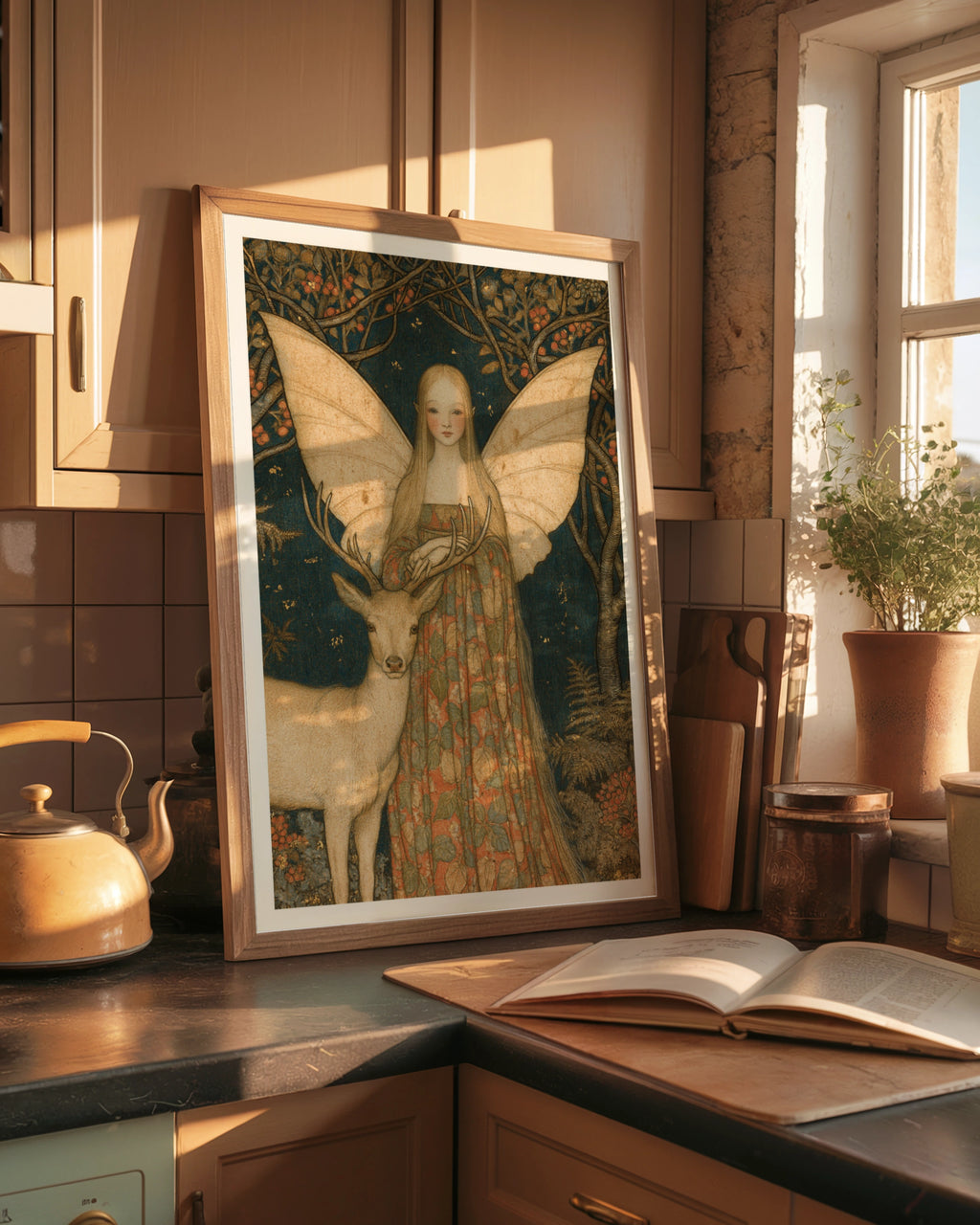 Fairy and White Stag Print, Classic Folk Art Poster, Woodland Fairy Wall Art, Botanical Fantasy