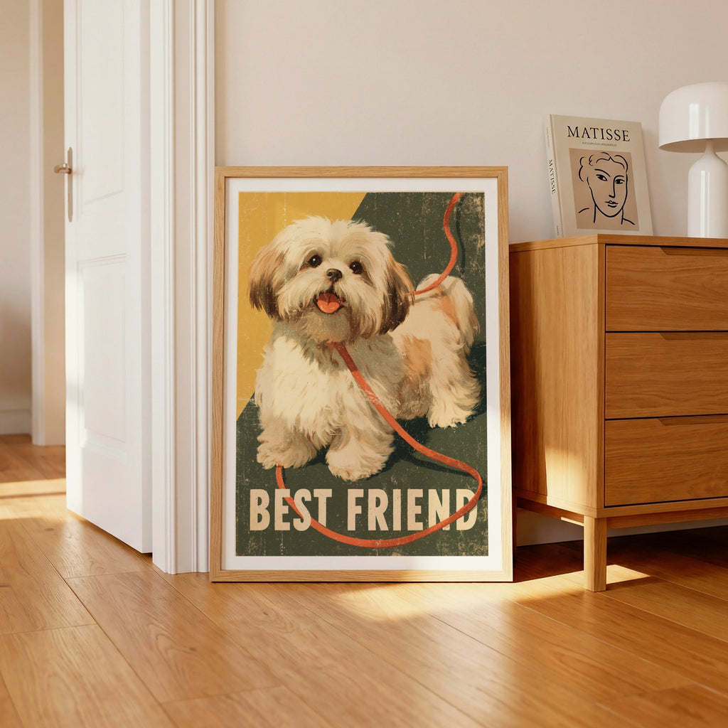Retro Dog Poster, Best Friend Shih Tzu Wall Art, Vintage Folk Style Pet Print