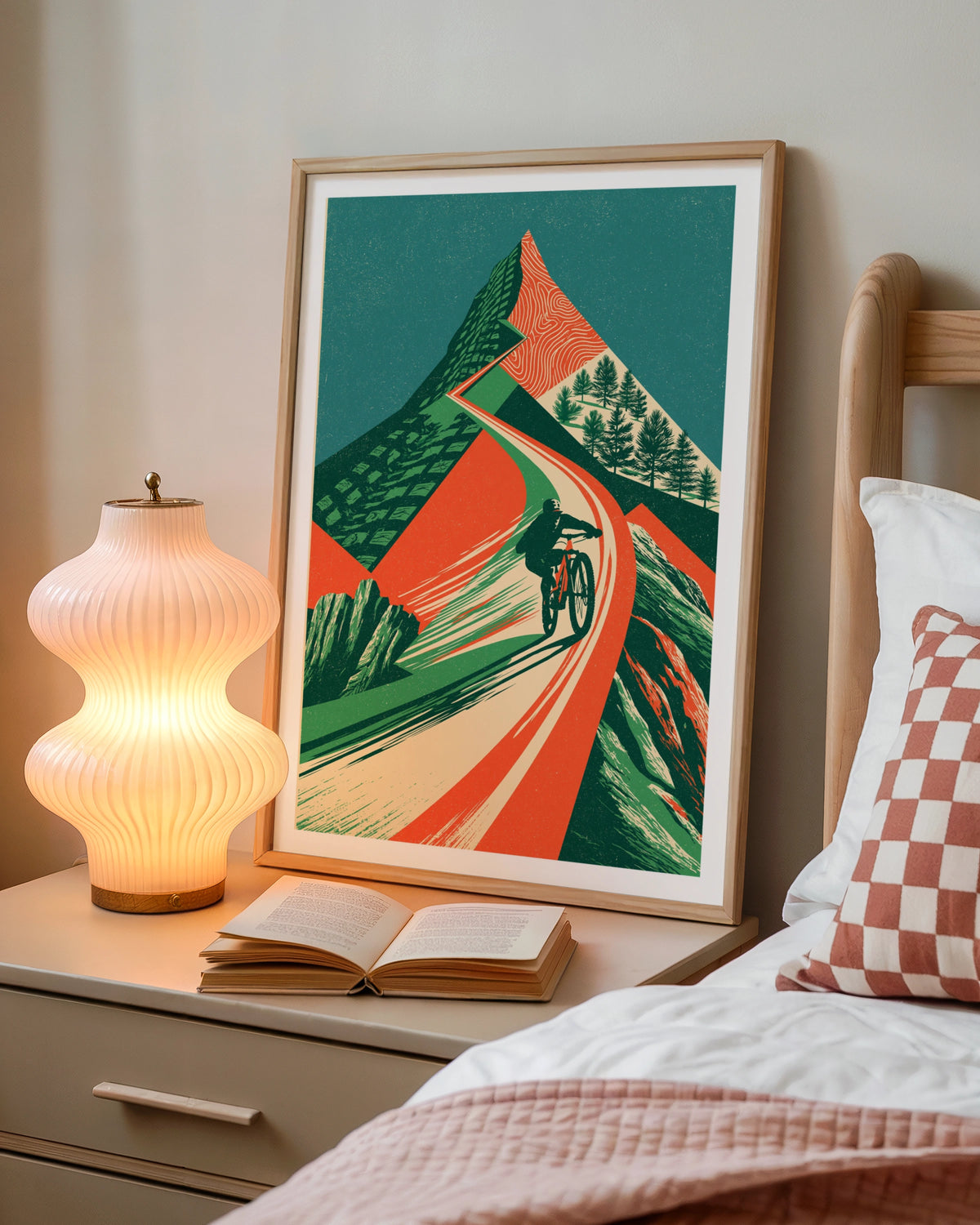 Mountain Bike Retro Poster, MTB Trail Art Print, Vintage Cycling Wall Art, Green Orange Decor