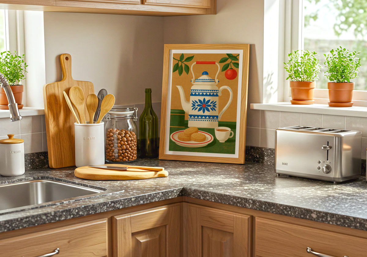 Vintage Food Poster Print, Retro Tea Kettle Art, Rustic Kitchen Decor, Mid Century Risograph Wall