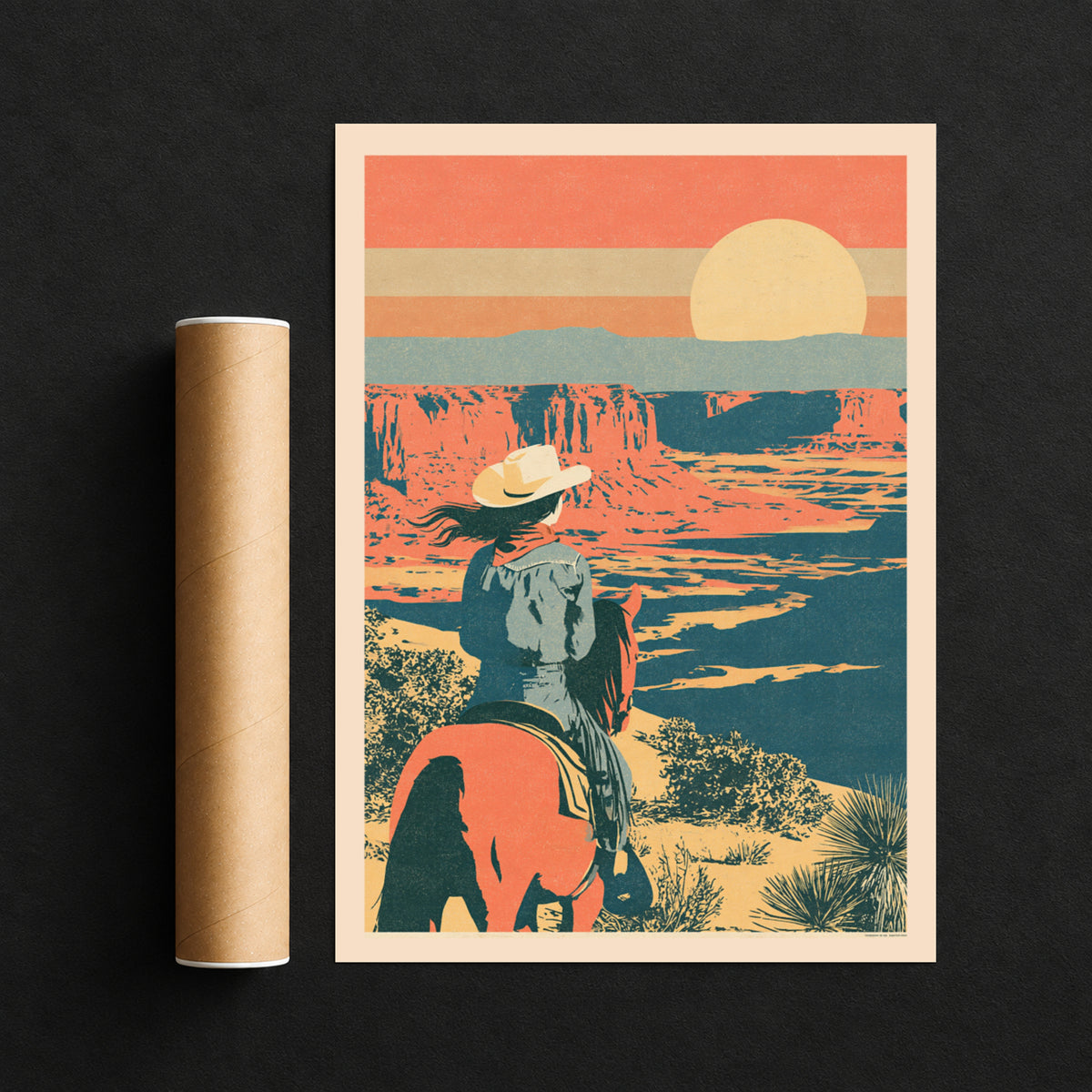 Retro Desert Canyon Sunset Print, Vintage Travel Poster, Cowgirl on Horseback, Southwest Wall Art