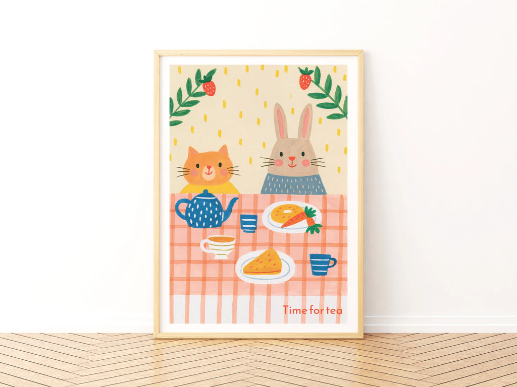 Time for Tea Retro Children's Print, Cat Rabbit Tea Party Poster, Kids Wall Art