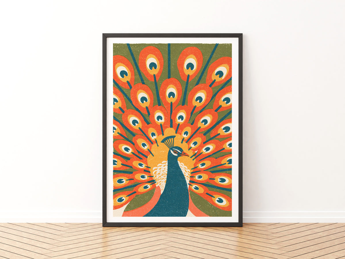 Retro Peacock Wall Art, Vintage Bird Poster, Mid Century Animal Print, Bold Orange Feather Decor