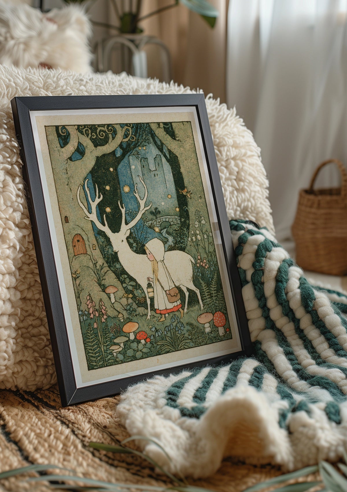 White Stag Fairy Tale Print, Victorian Children's Art, Magical Forest Girl Poster, Retro Collectable