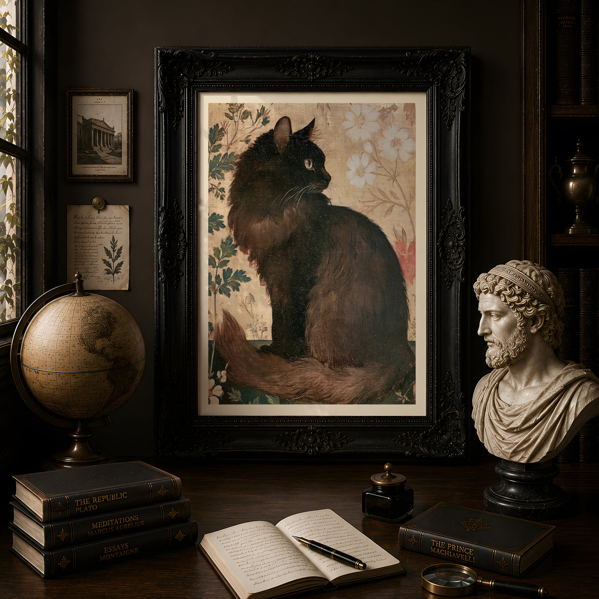 Black Cat Vintage Wall Art, Botanical Floral Cat Poster, Cottagecore Nature Print, Cat Lover Gift