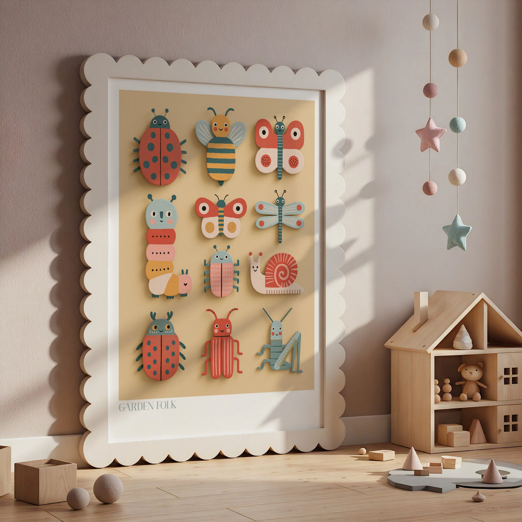 Garden Folk Bug Print, Retro Children's Insect Poster, Kids Wall Art Collectable
