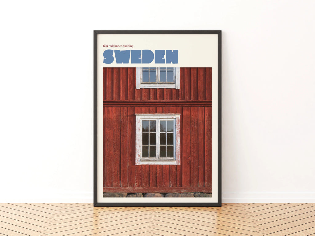 Sweden Travel Poster, Retro Falu Red Timber Print, Scandinavian Wall Art Decor