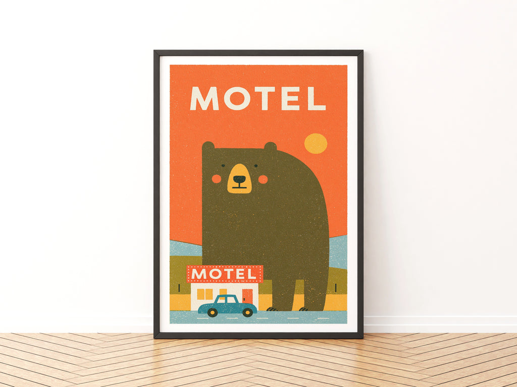 Retro Bear Motel Poster, Vintage Road Trip Wall Art, Funny Bear Print, Orange Quirky