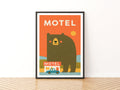 Retro Bear Motel Poster, Vintage Road Trip Wall Art, Funny Bear Print, Orange Quirky