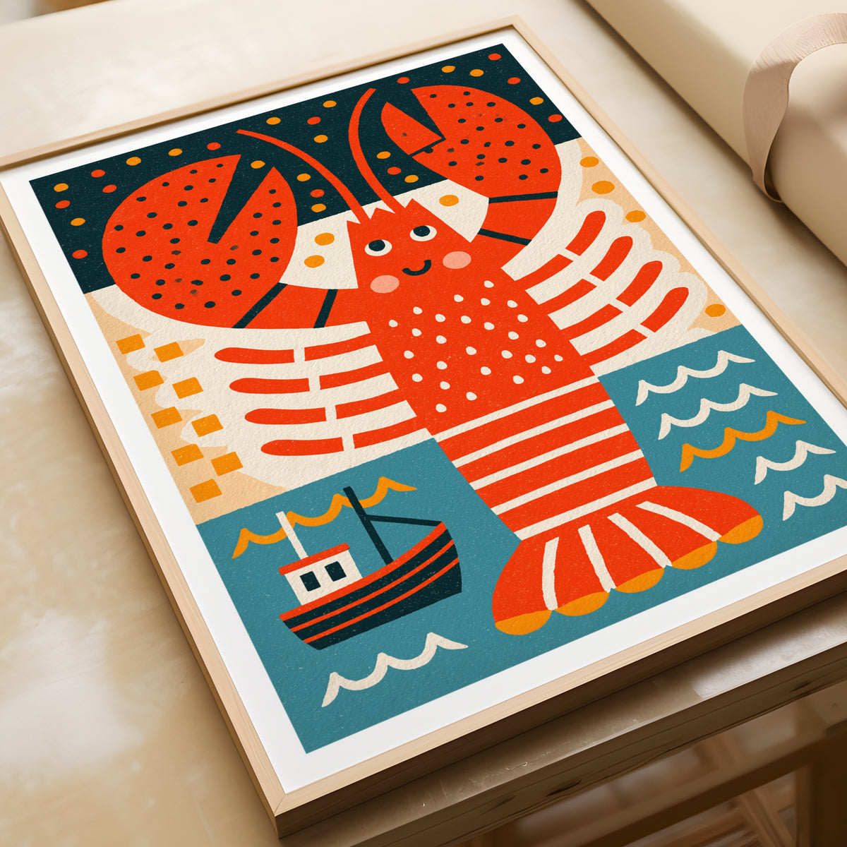 Retro Lobster Print, Vintage Style Seaside Wall Art, Nautical Fishing Boat Poster, Kitchen Decor