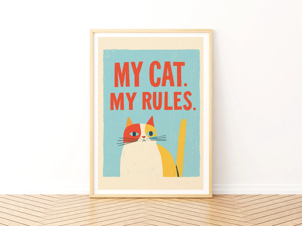 My Cat My Rules Print, Retro Cat Wall Art, Funny Cat Gift, Folk Style Cat Lovers Art