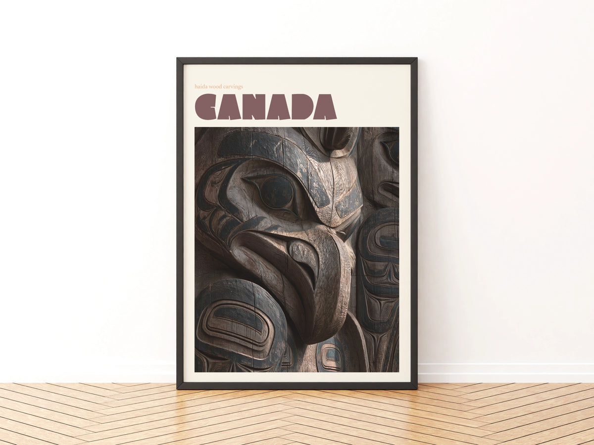 Canada Haida Wood Carving Art Print, contemporary totem pole wall art, travel print