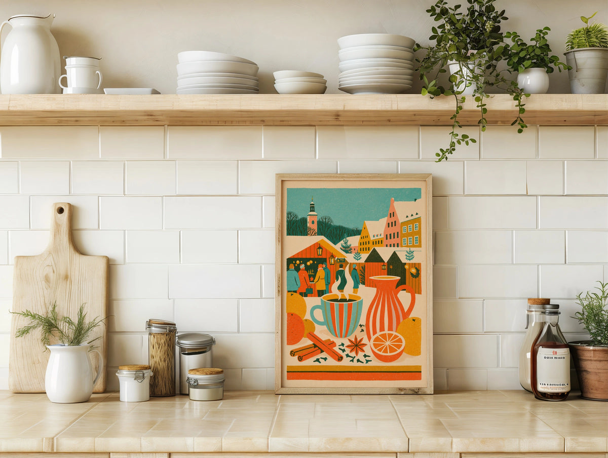 Vintage Food Poster Print, Mulled Wine Christmas Market, Rustic Kitchen Decor, Retro Mid Century