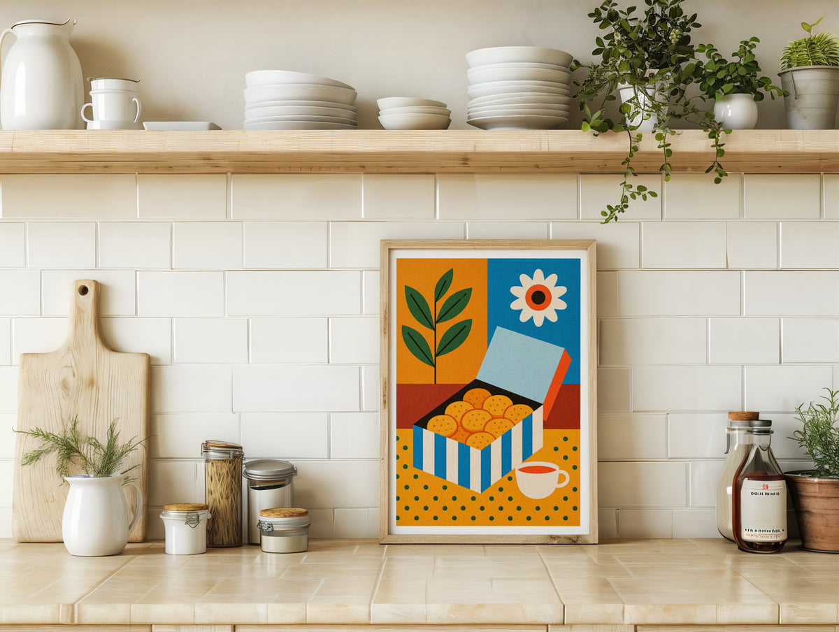 Vintage Food Poster Print, Biscuit Box Tea Cup, Rustic Kitchen Decor, Retro Mid Century Risograph