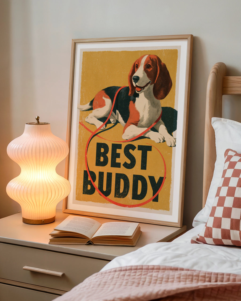 Retro Beagle Poster, Best Buddy Dog Print, Vintage Folk Style Wall Art, Mustard Yellow
