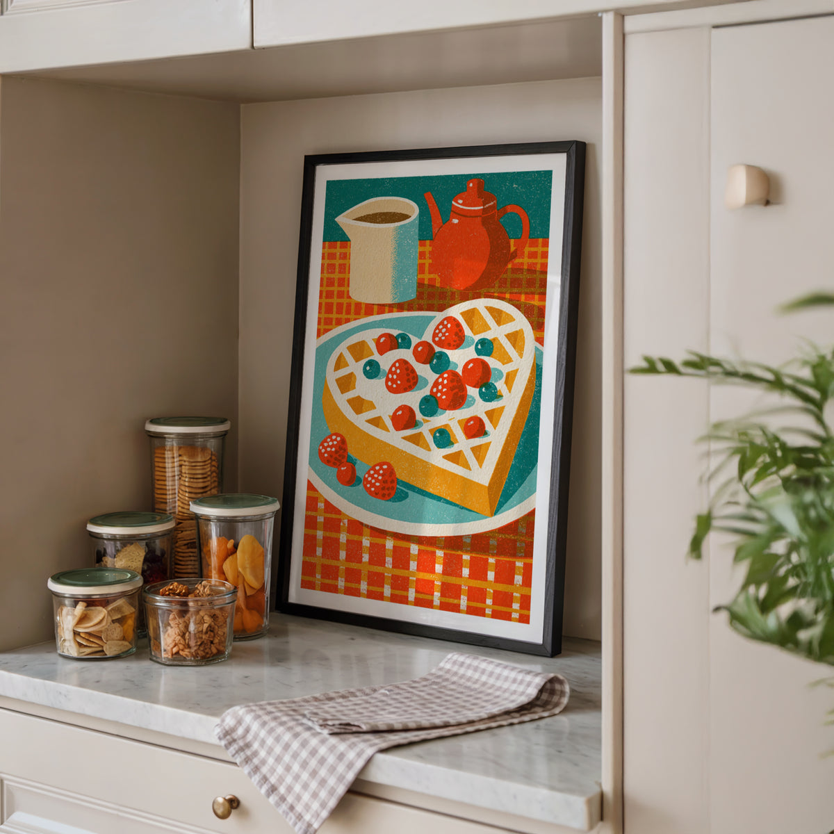 Vintage Food Poster Print, Heart Waffle Retro Mid Century Risograph, Rustic Kitchen Decor Art