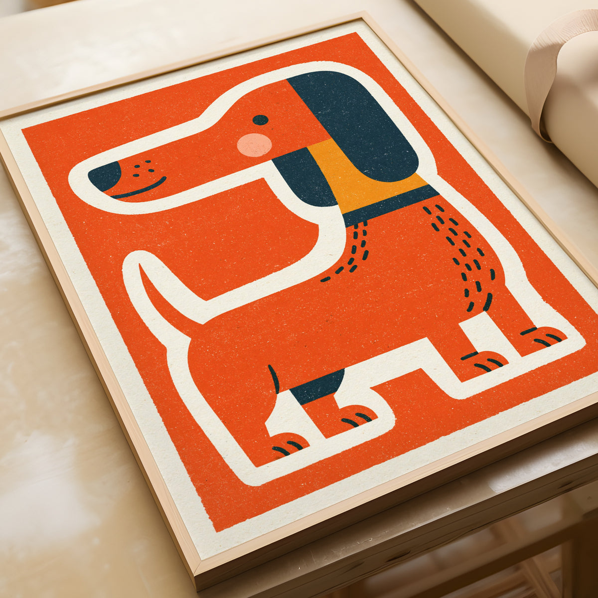 Retro Dog Print, Dachshund Wall Art, Orange Sausage Dog Illustration, Mid Century Animal Art