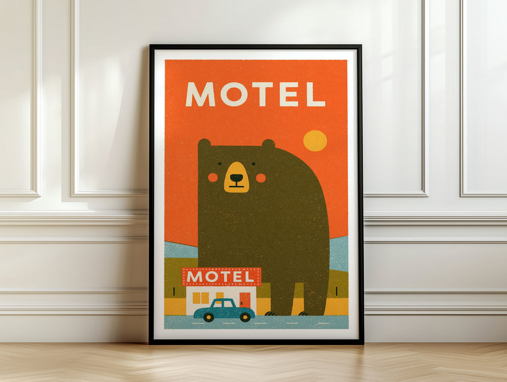 Retro Bear Motel Poster, Vintage Road Trip Wall Art, Funny Bear Print, Orange Quirky