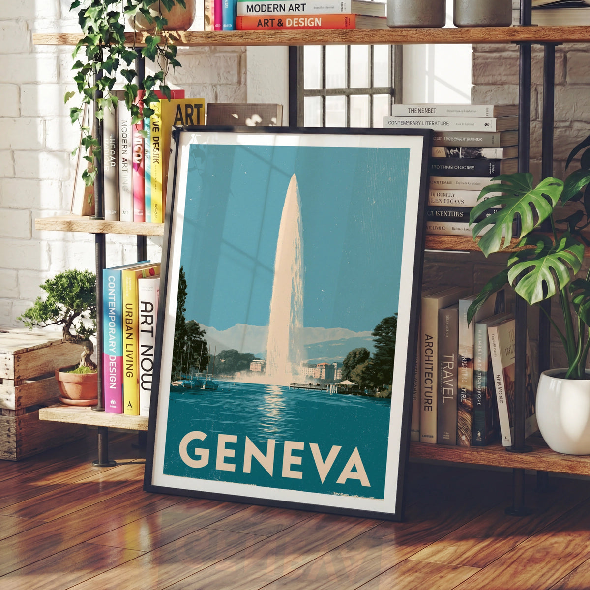 Geneva Retro Travel Poster, Jet d'Eau Switzerland Wall Art, Lake Geneva Print