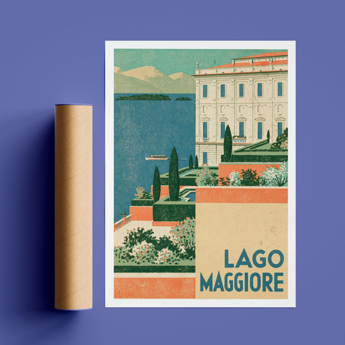 Retro Lago Maggiore Italy Print, Vintage Travel Poster, Italian Lake Wall Art, Terraced Garden Villa