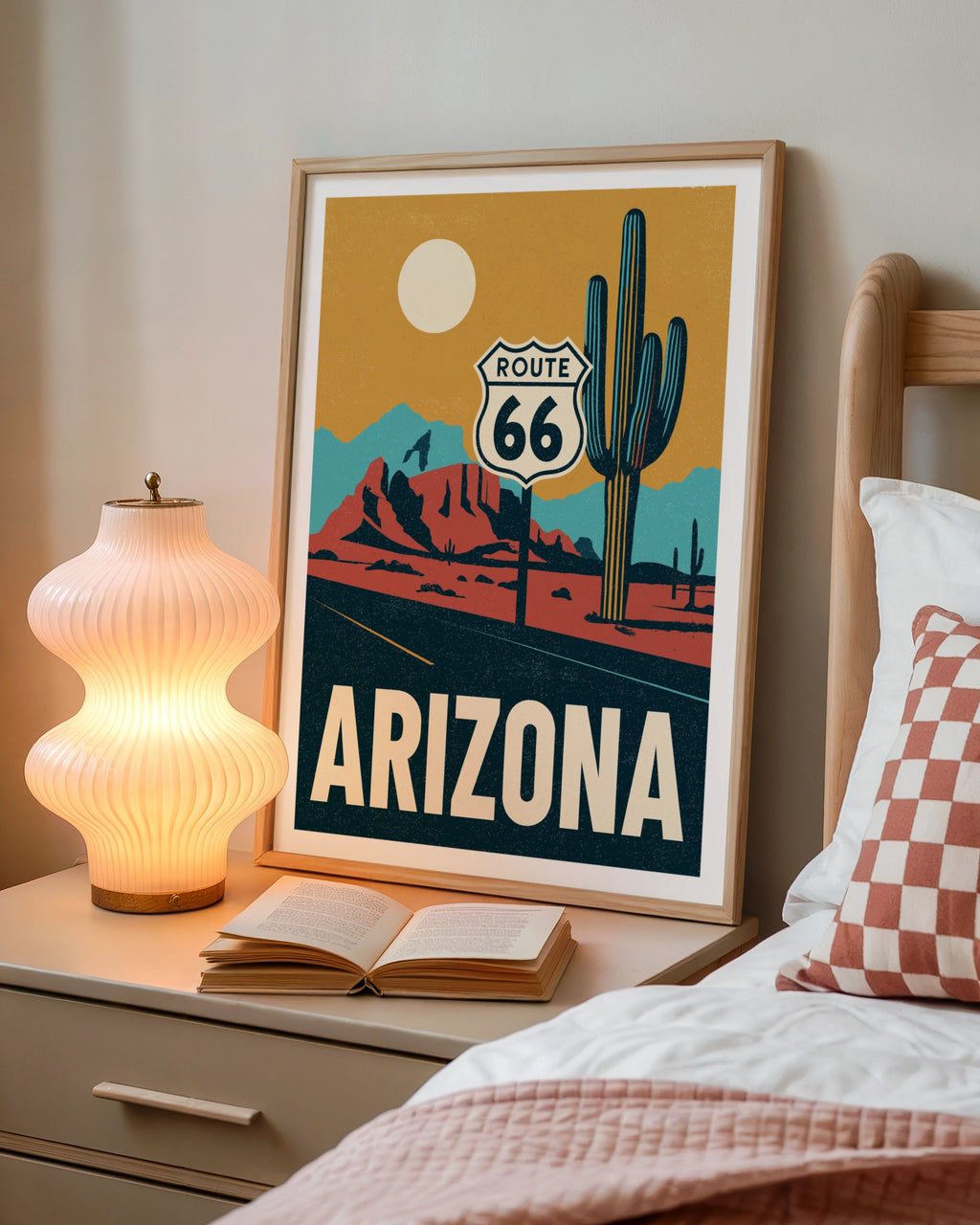 Arizona Route 66 Retro Travel Poster, USA Desert Wall Art, Cactus Road Trip Print