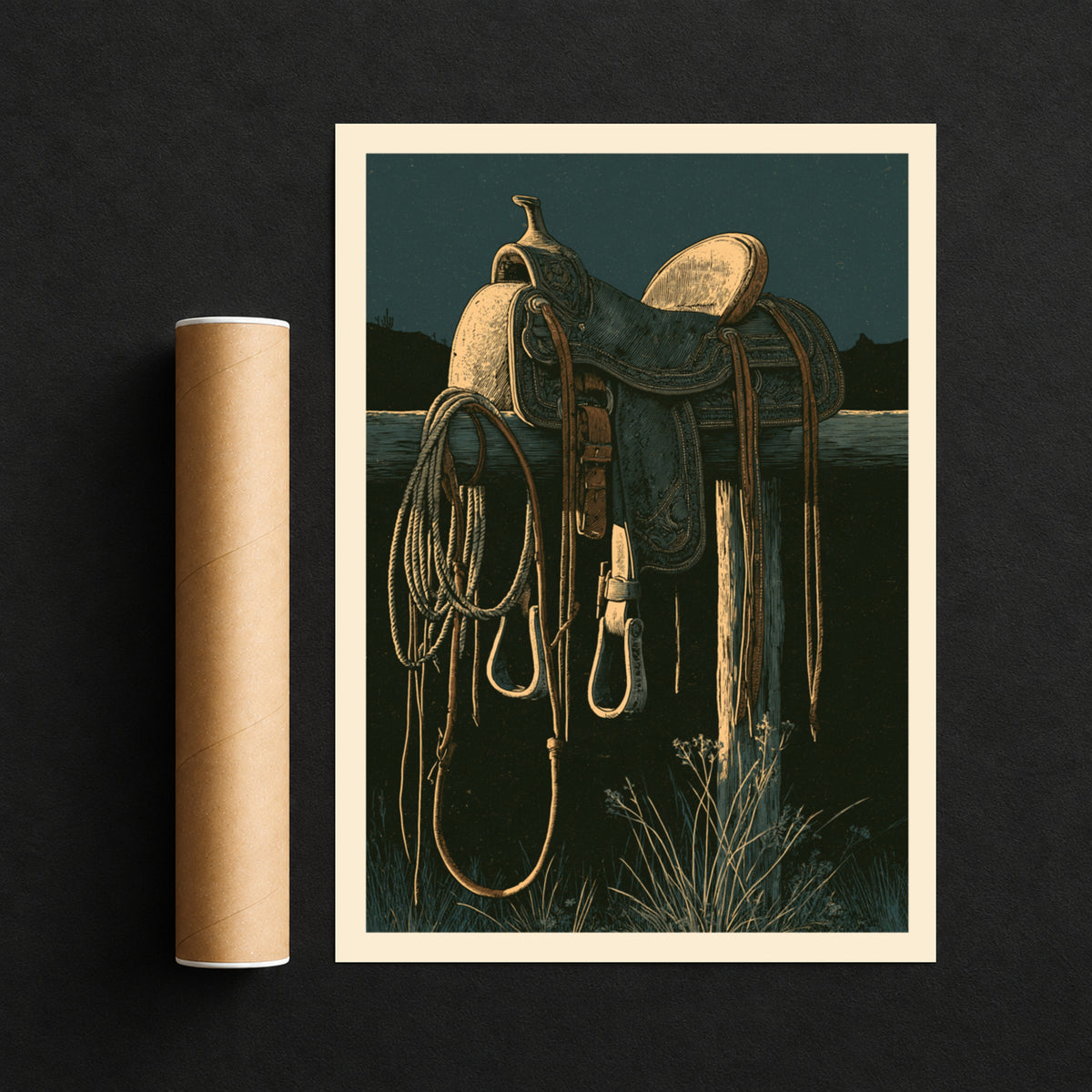 Western Saddle Wall Art, Cowboy Poster, Desert Night Fence Post Print, Rustic Ranch Decor