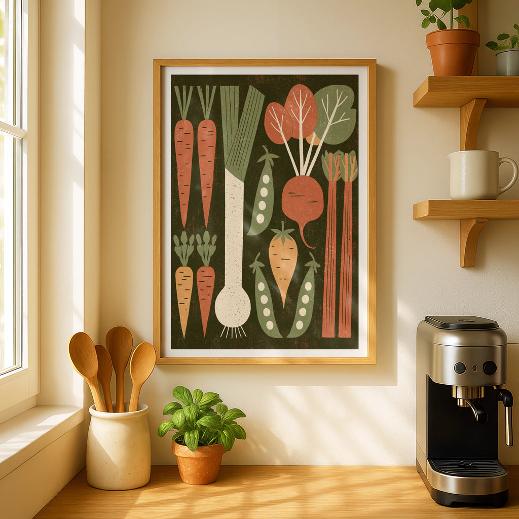 Vintage Food Poster Print, Rustic Kitchen Decor, Retro Mid Century Risograph Vegetable Art