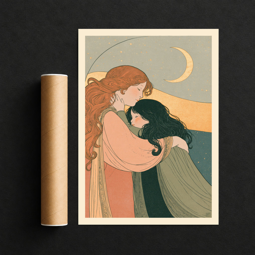 Mother and Daughter Art Print, Crescent Moon Night Sky, Art Nouveau Poster, Nursery Wall Art