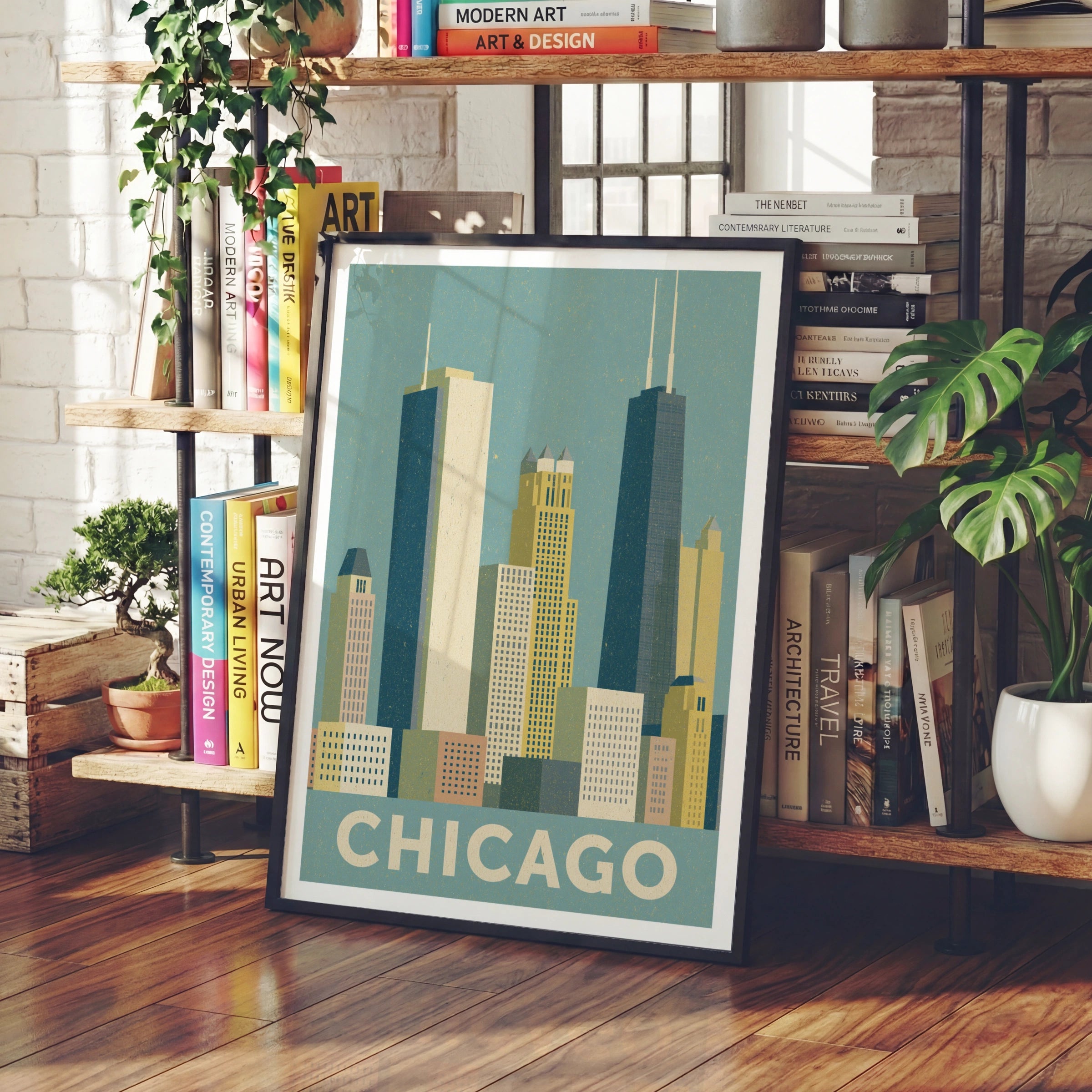 Chicago Skyline Retro Travel Poster, Vintage City Print, Illinois Wall Art
