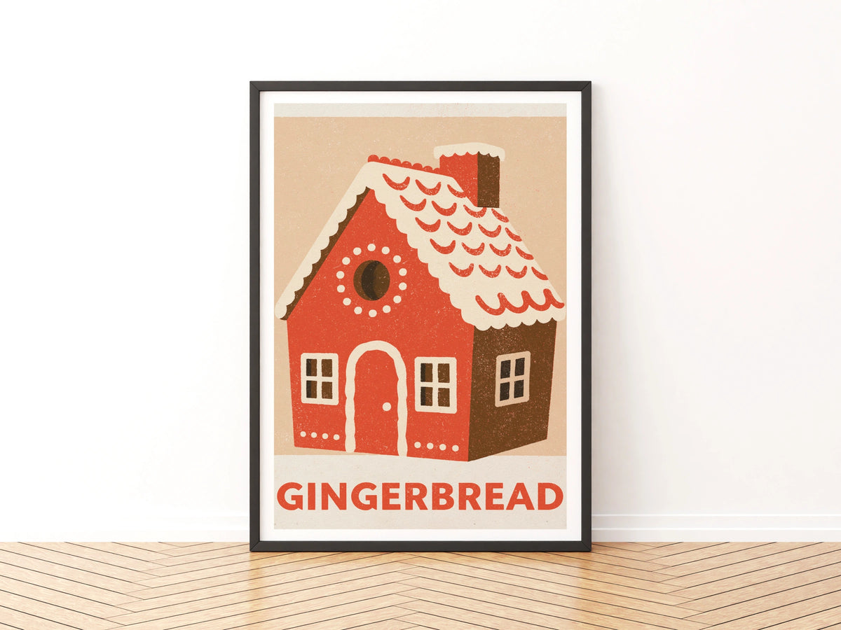 Christmas Gingerbread House Vintage Food Poster Print | Rustic Kitchen Decor | Retro Mid Century Risograph