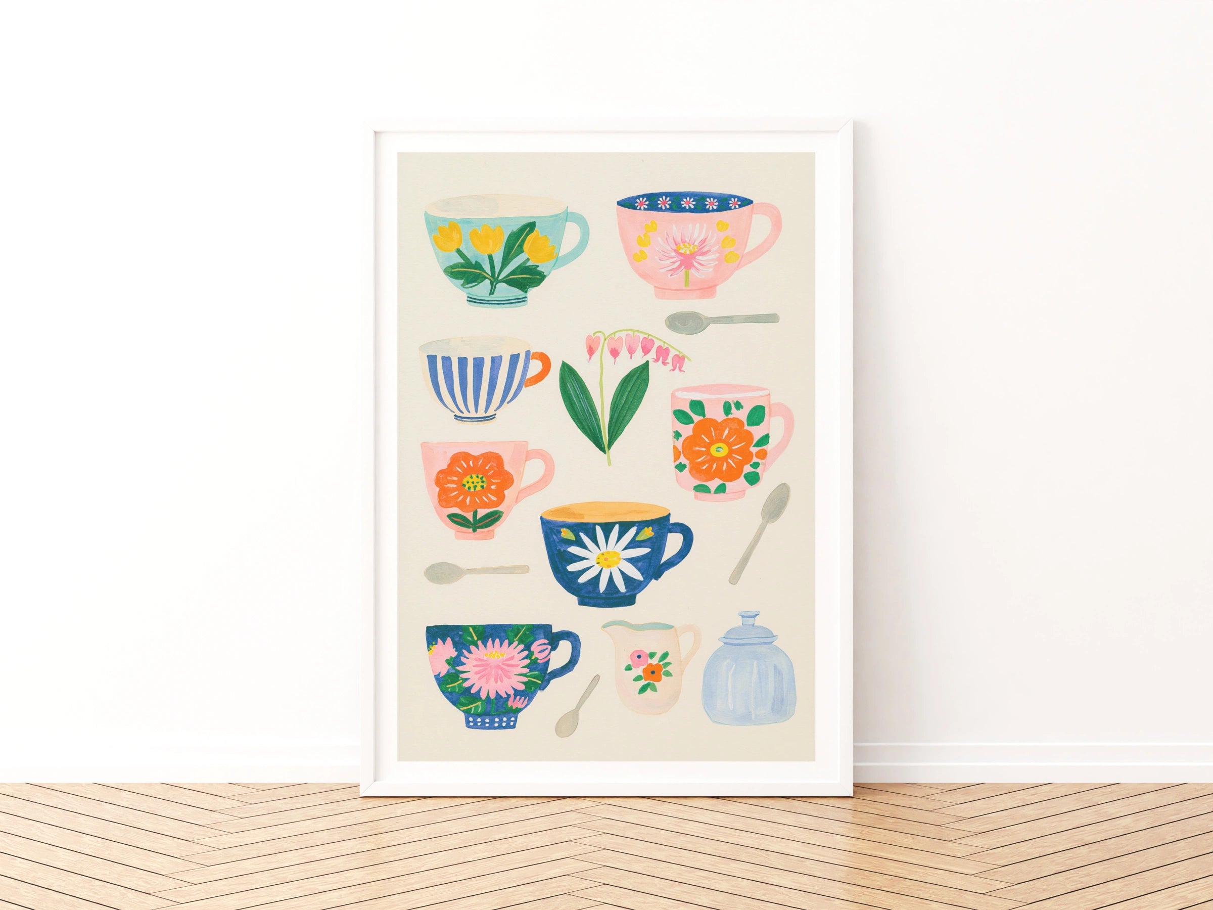 Vintage Tea Cup Poster Print | Rustic Kitchen Decor | Retro Mid Century Risograph Floral