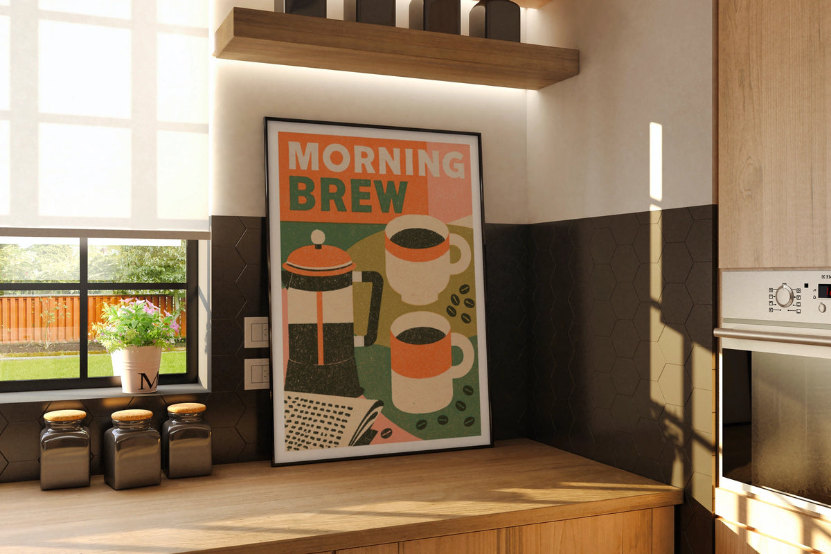 Morning Brew Coffee Poster Print, Vintage Food Poster Print, Rustic Kitchen Decor, Retro Mid Century Kitchen Art