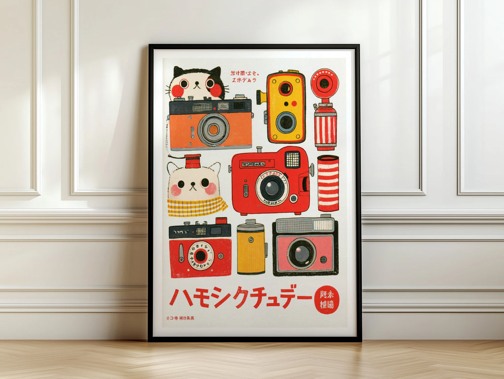 Retro Camera Kawaii Cat Poster, Japanese Vintage Film Camera Wall Art Print, Cute Kids decor