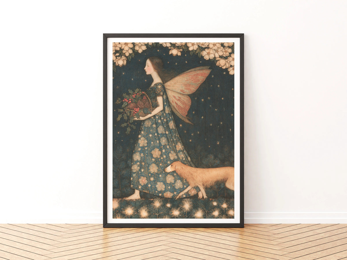 Fairy With Holly Basket Classic Art Print, Vintage Folk Illustration, Winter Botanical Poster