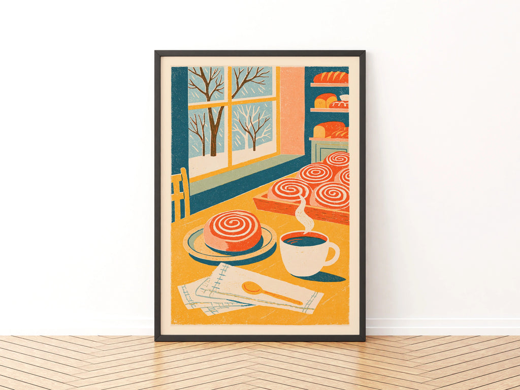Vintage Food Poster Print, Cinnamon Roll Bakery, Rustic Kitchen Decor, Retro Mid Century Risograph