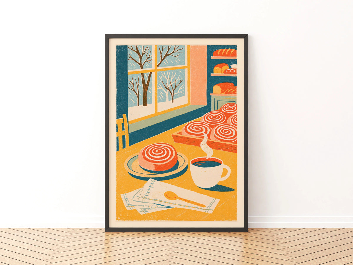 Vintage Food Poster Print, Cinnamon Roll Bakery, Rustic Kitchen Decor, Retro Mid Century Risograph