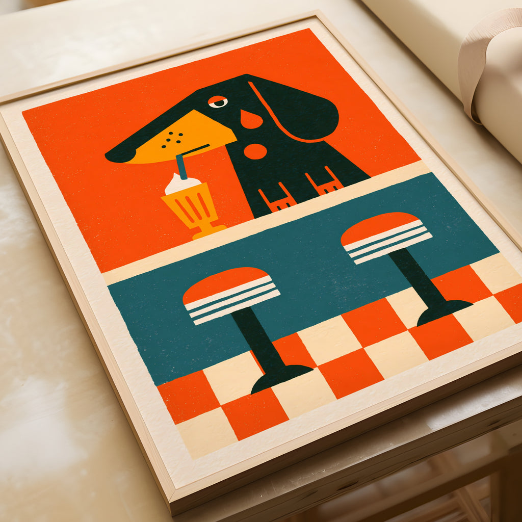 Vintage Dachshund Diner Poster, Retro Dog Milkshake Print, Sausage Dog Wall Art, 50s