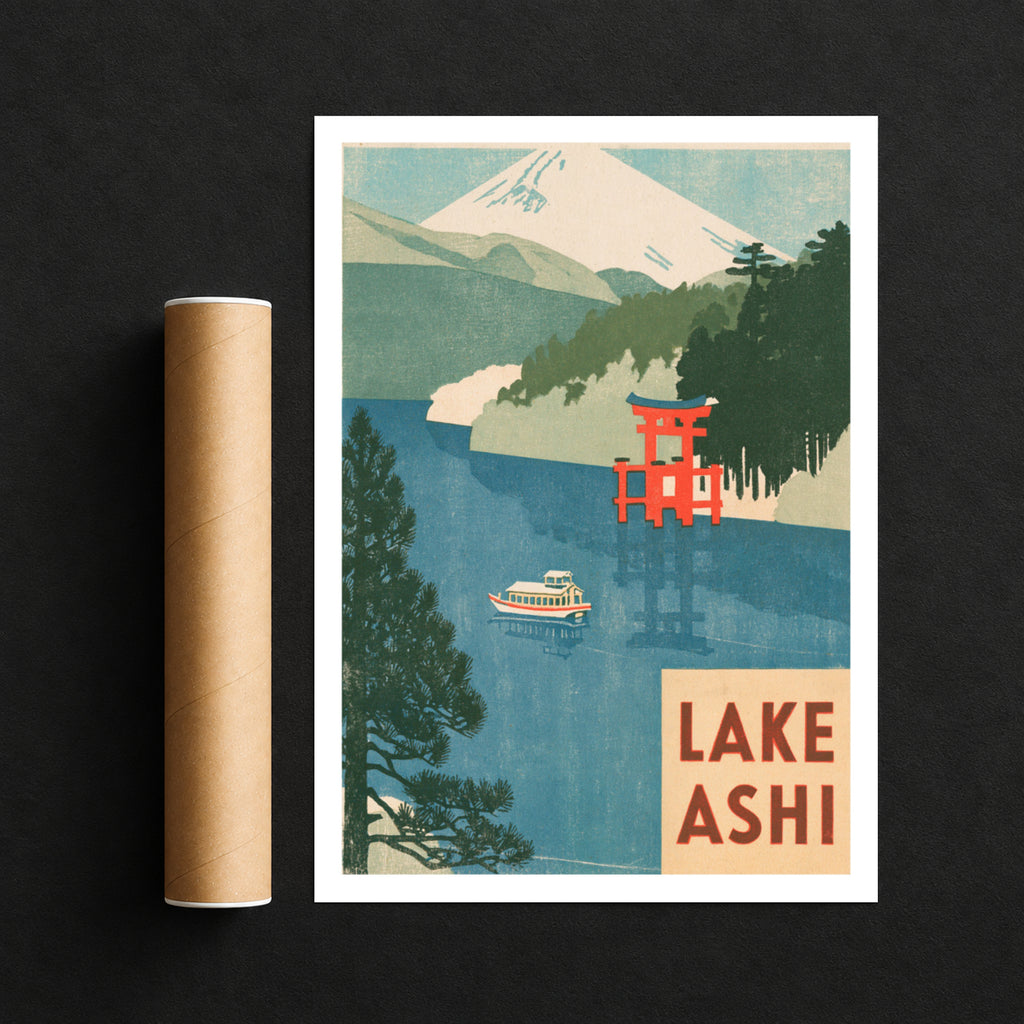 Lake Ashi Retro Travel Poster, Vintage Travel Print, Mount Fuji Japan Wall Art, Torii Gate Print
