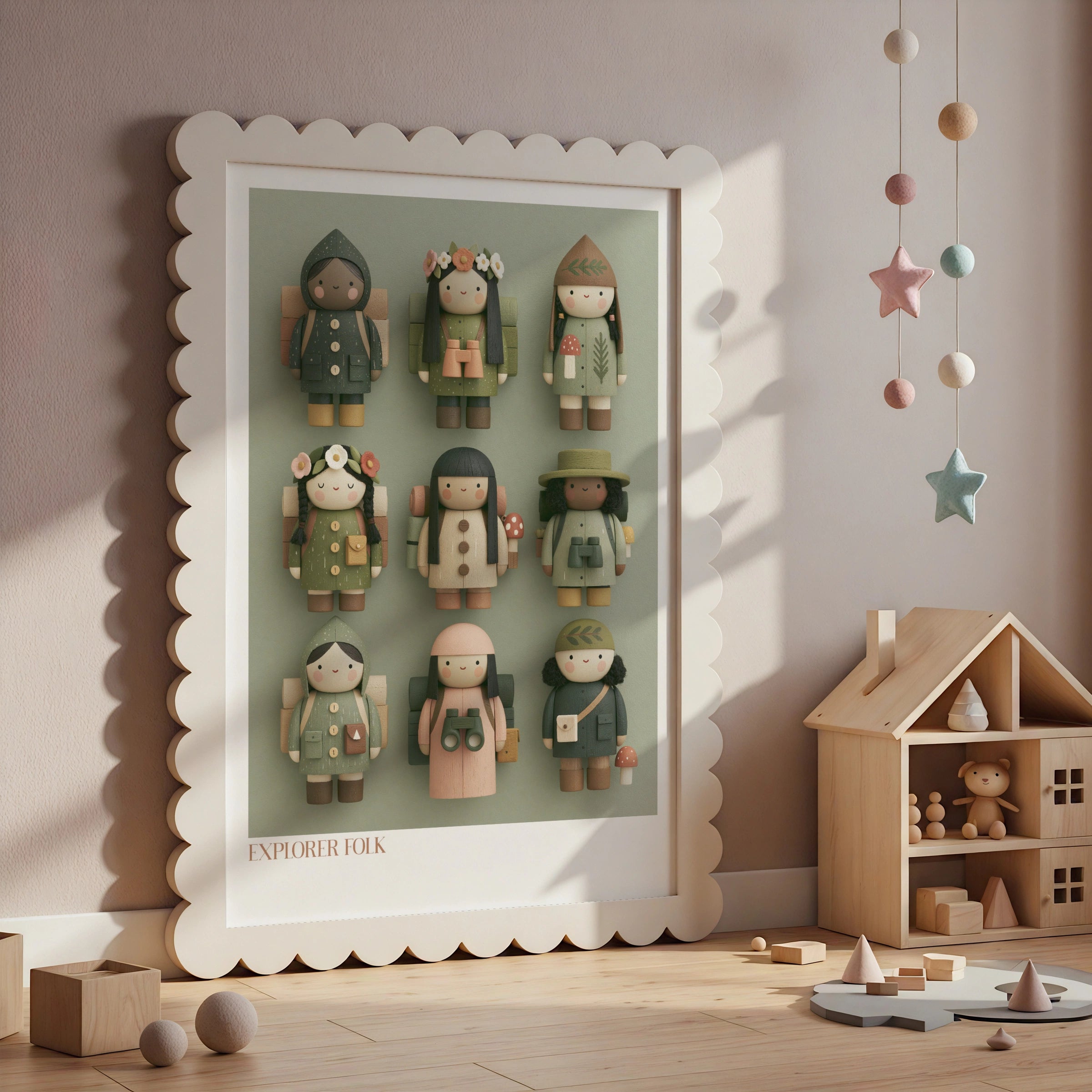 Explorer Folk Kids Poster, Retro Children's Print, Woodland Toy Art, Sage Green Nursery Wall Art