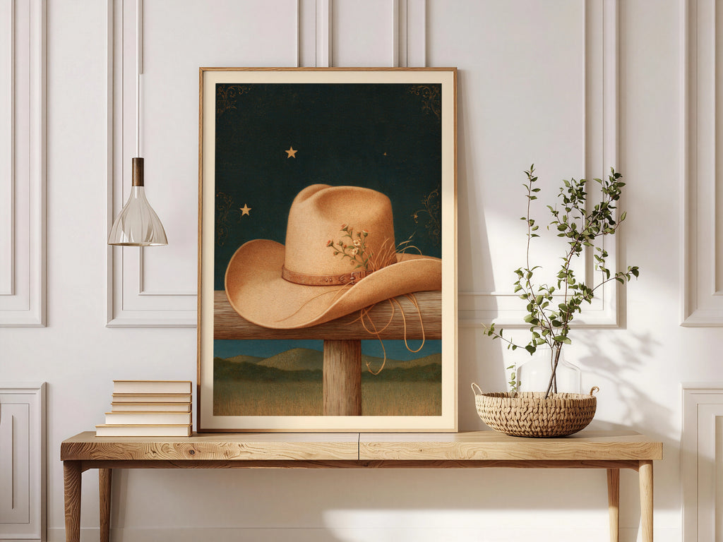 Cowboy Hat Wall Art, Vintage Western Print, Wildflowers on Fence Post, Starry Night Sky Poster