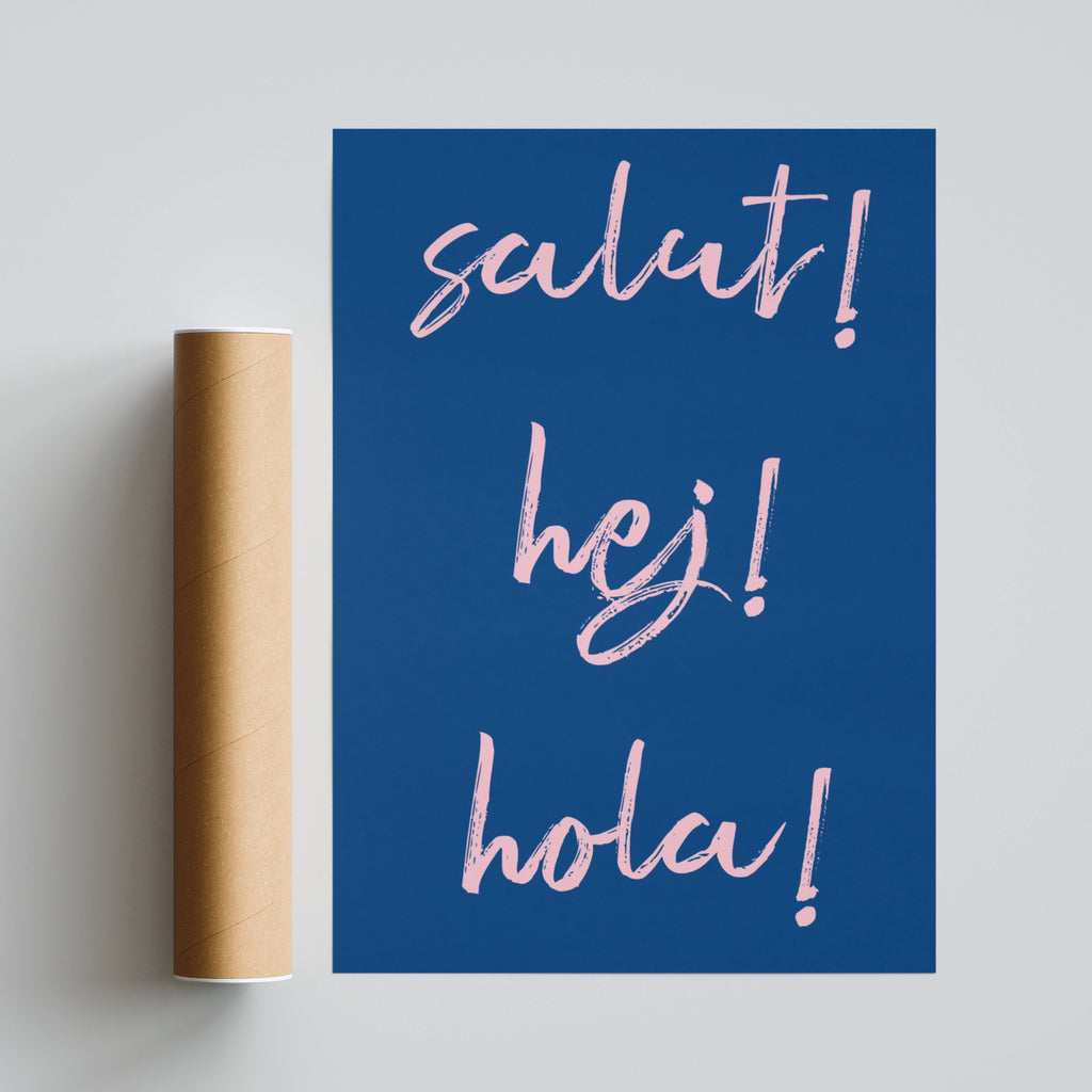 Salut Hej Hola Typography Poster, Blue Pink Fun Word Wall Art Print, Hello