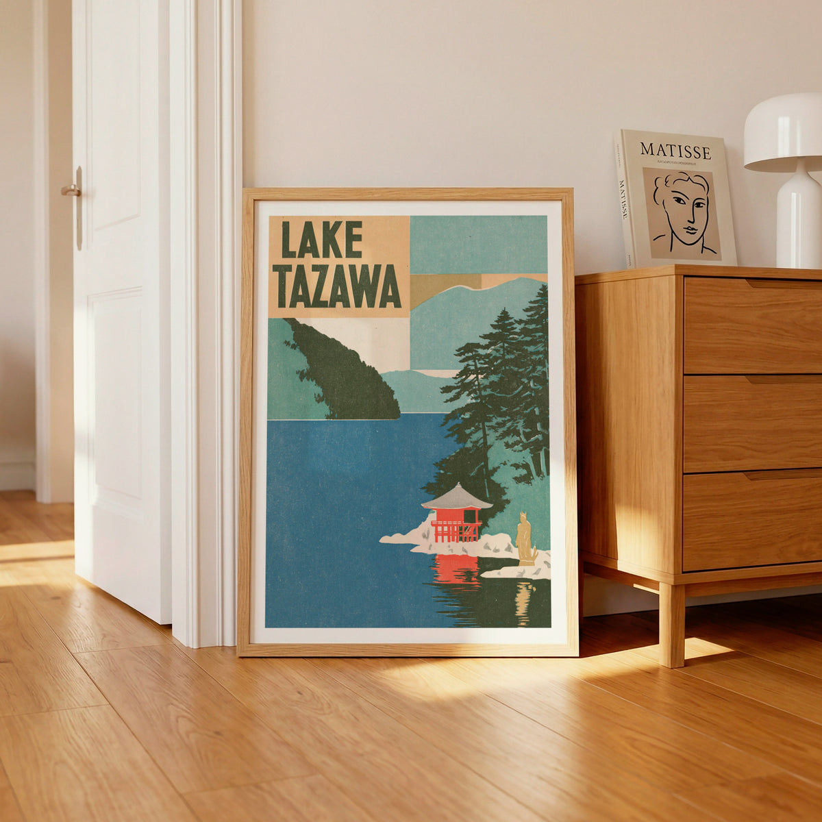 Retro Lake Tazawa Japan Poster, Vintage Travel Print, Akita Pine Trees Red Pavilion Wall Art